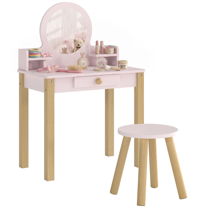 Tocador de Maquillaje Niña, Tocador Infantil con Taburete y Espejo, Cajón y 2 Estantes Abiertos, para Niños de 3 a 6 Años, Rosa