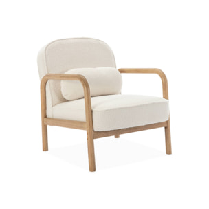 Fauteuil scandinave bois d'hévéa et dossier arrondi en bouclette blanche - AMELIE