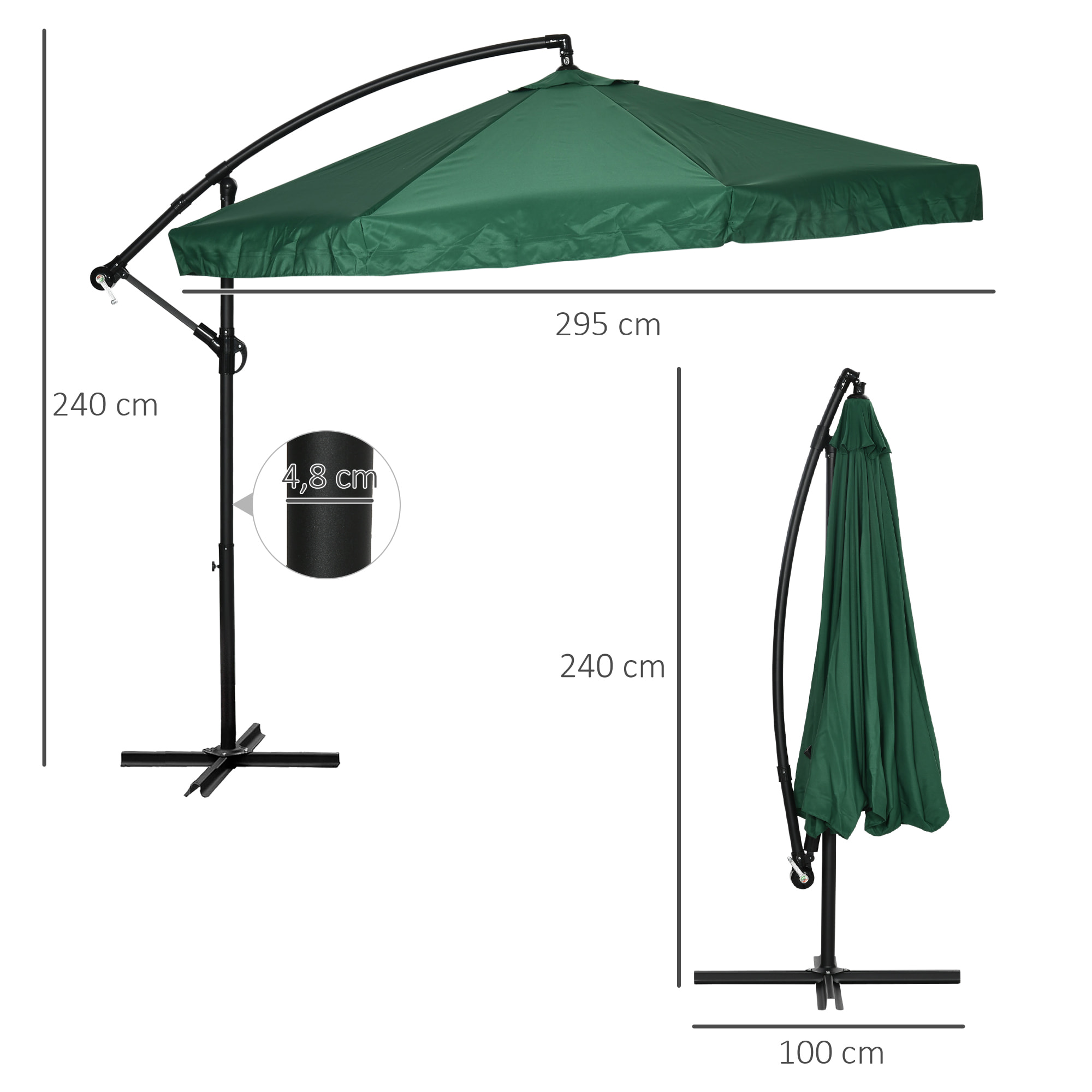 Parasol déporté octogonal inclinable pivotant manivelle moustiquaire pied acier Ø 2,95 x 2,42H m vert