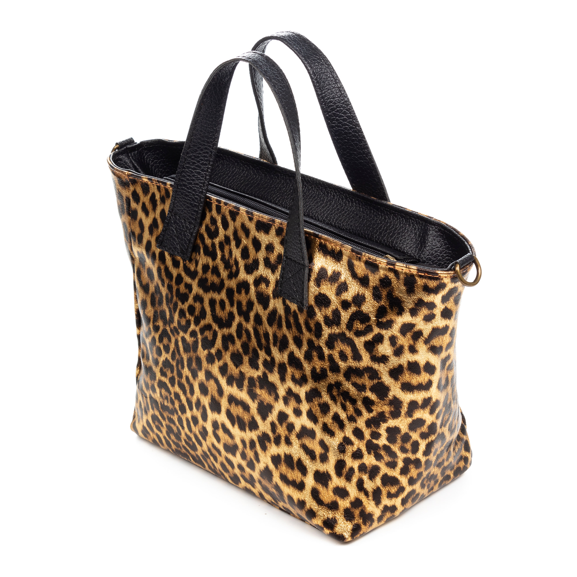 Cassandra bolso tote mujer. Piel auténtica Gamuza, animal print leopardo, lacado brillante.