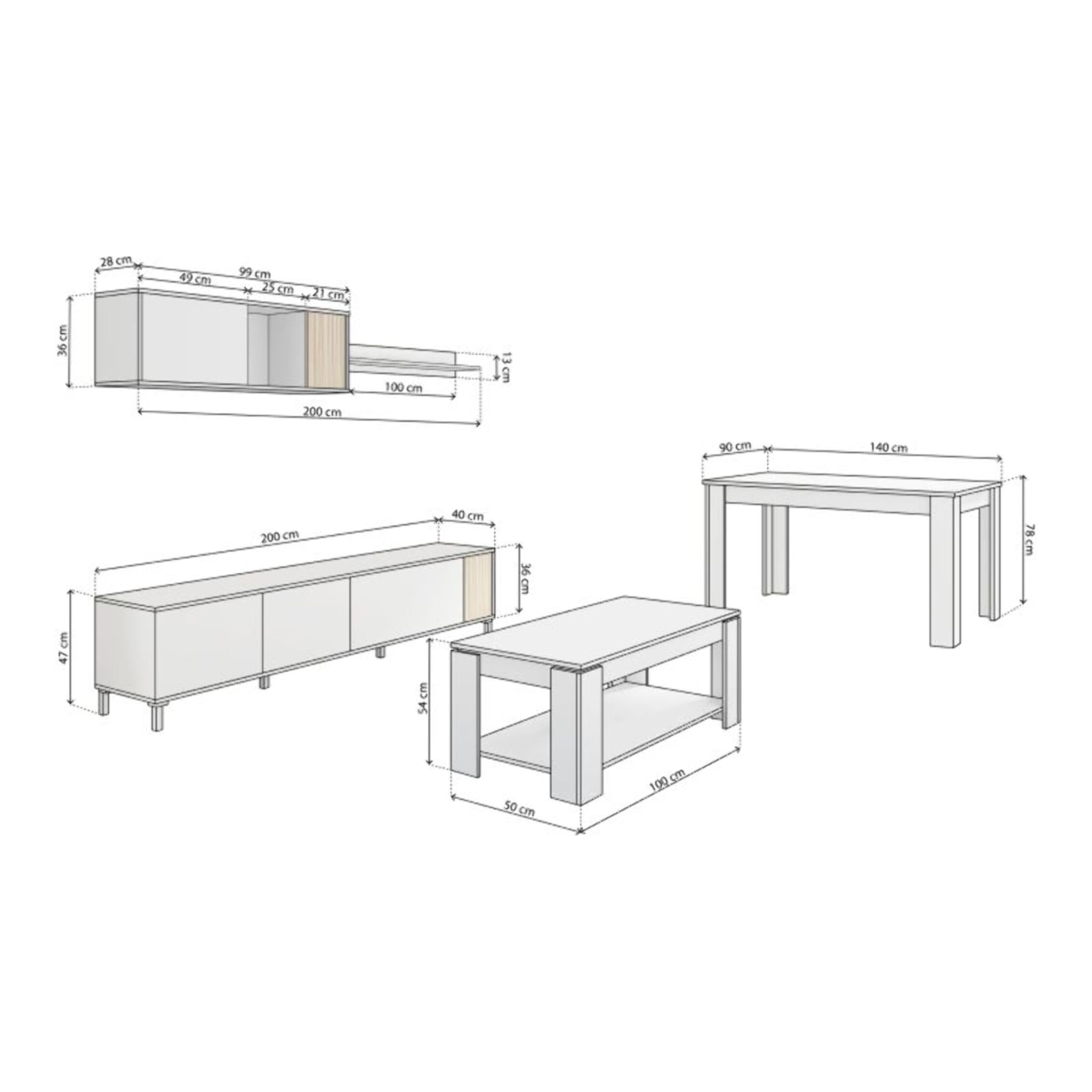 Pack salón con mesa de centro y mesa de comedor Nitza Max V1A Blanco Artik (Blanco Mate) - Natur