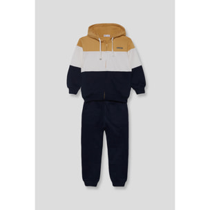 Conjunto niño sudadera con capucha mostaza, crudo y marino y pantalón jogger, franjas anchas y cremallera | Color: Marino | Street Monkey