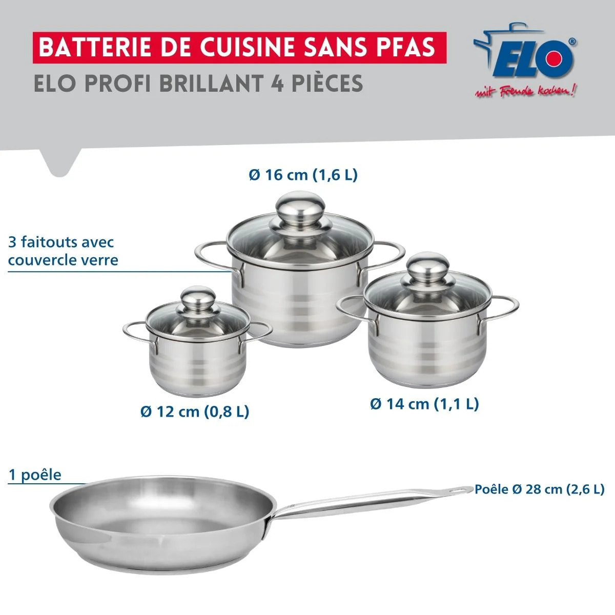 Ensemble de 1 Poêle de cuisson 28 cm et 3 faitouts 12, 14 et 16 cm Elo Profi Brillant