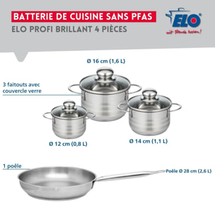 Ensemble de 1 Poêle de cuisson 28 cm et 3 faitouts 12, 14 et 16 cm Elo Profi Brillant