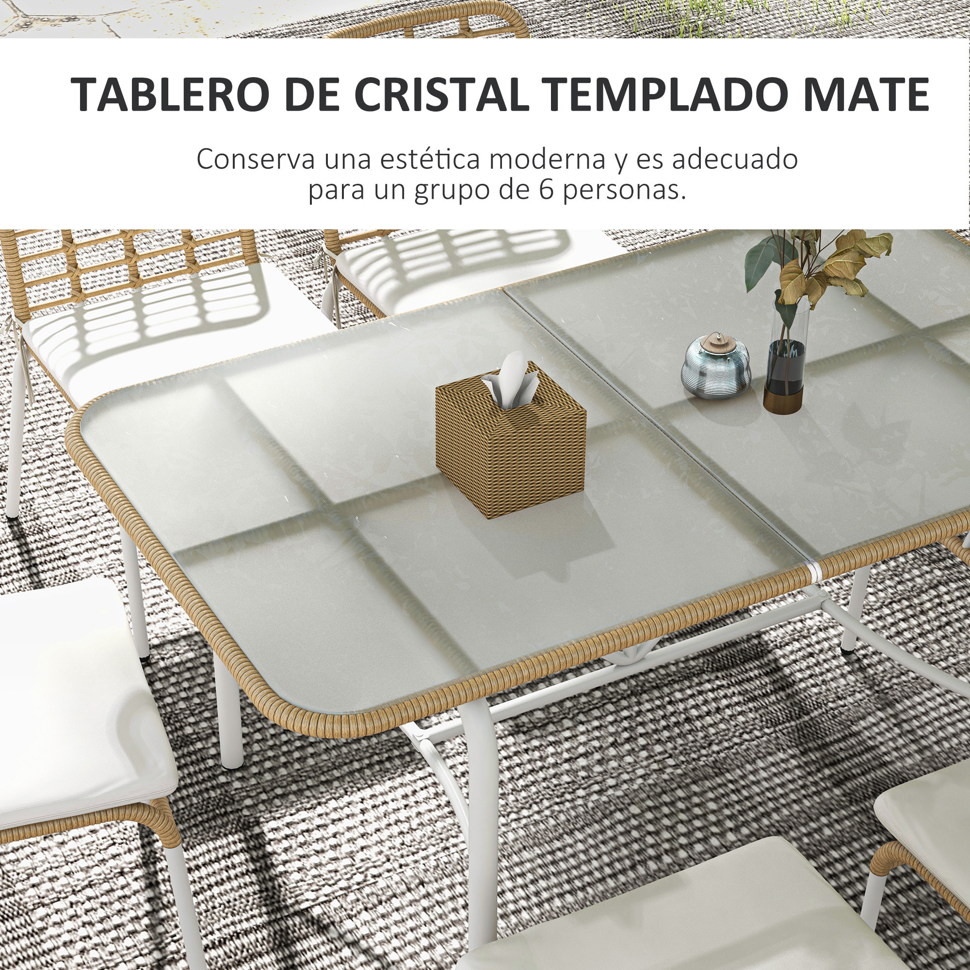 Outsunny Conjunto de Jardín de Ratán Sintético Juego de Muebles de Jardín para Exterior de Ratán de 7 Piezas Incluye 6 Sillas Apilables con Cojines y Mesa de Vidrio Natural