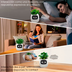 Maceta inteligente Ivy con sensores internos y externos, pantalla interactiva con expresiones faciales, batería de 2000mAh y monitoreo completo de la planta.
