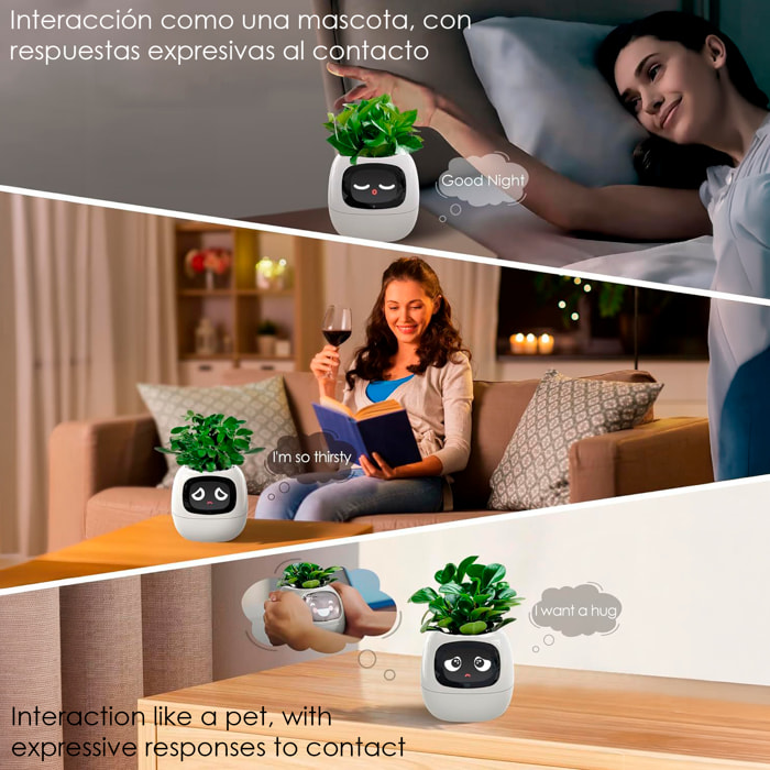 Maceta inteligente Ivy con sensores internos y externos, pantalla interactiva con expresiones faciales, batería de 2000mAh y monitoreo completo de la planta.