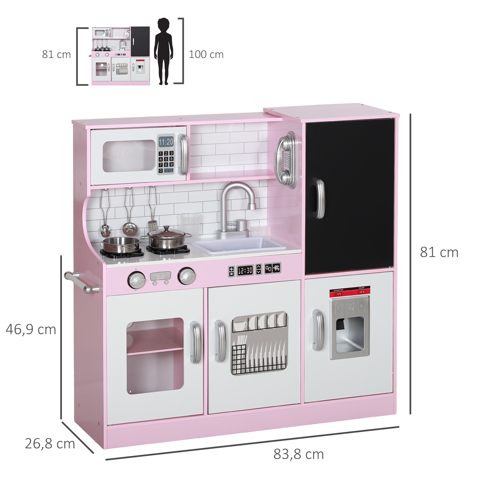 Cocina de Juguete Cocina para Niños de +3 Años Cocina Infantil de Madera con Accesorios para Cocinar Pizarra Máquina de Hielo y Teléfono 83,8x26,8x81 cm Rosa