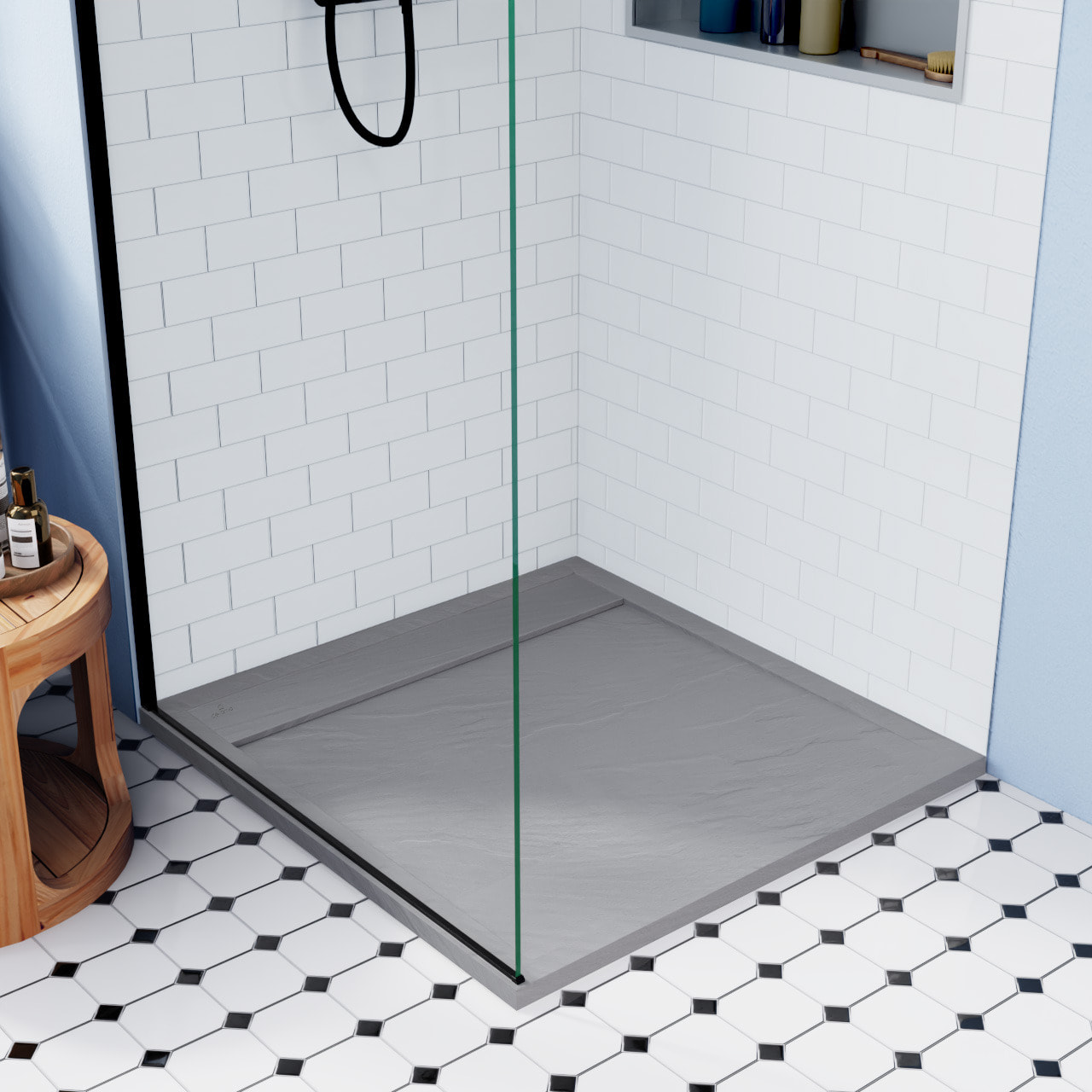 Porte coulissante 90x90 + receveur gris avec siphon (HCB-ALD15G-9090)