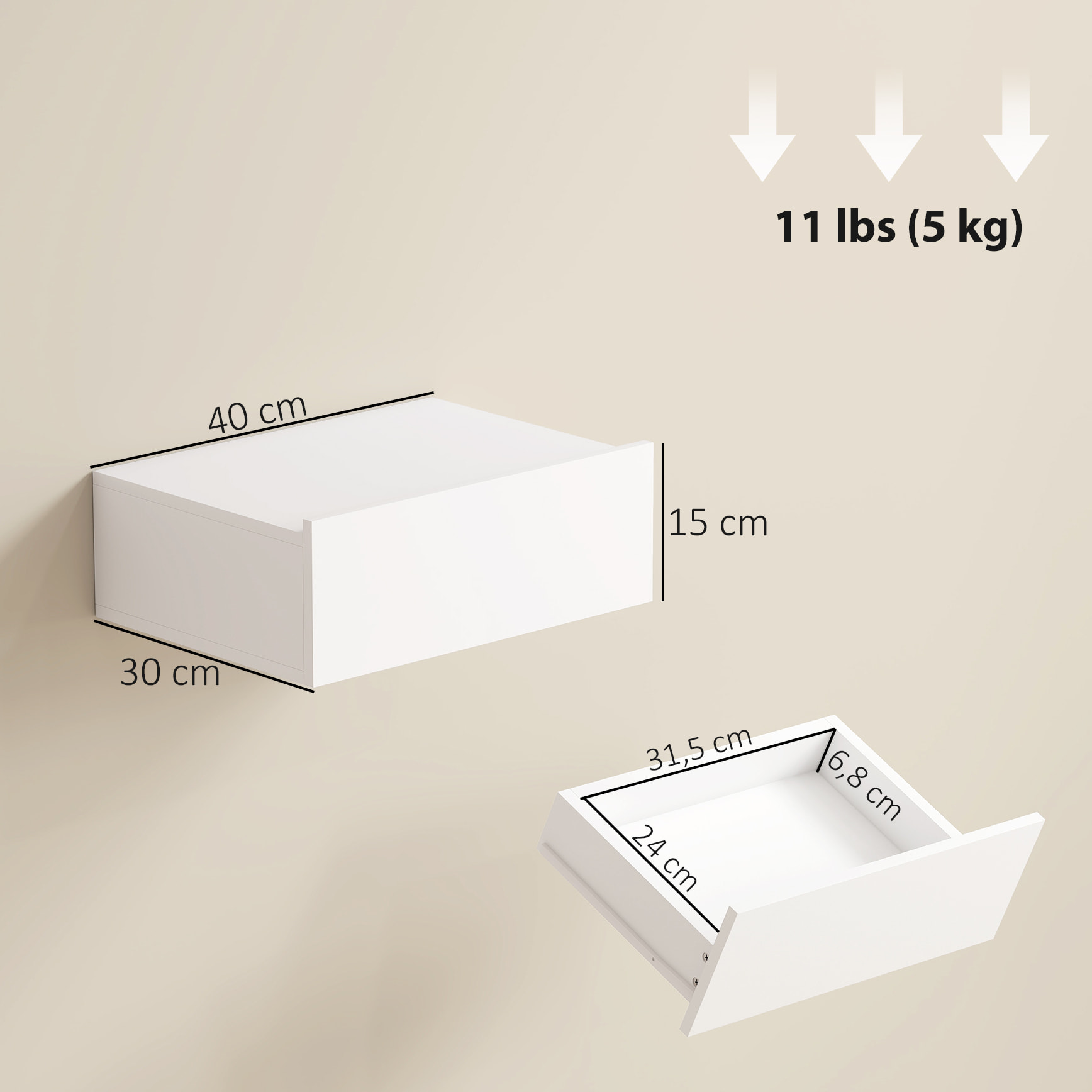 Set de 2 Mesillas de Noche de Pared, Mesitas de Noche Flotantes con 1 Cajón, Mesas Auxiliares para Dormitorio, Habitación Hogar, Diseño Sencillo, 40x30x15 cm, Blanco
