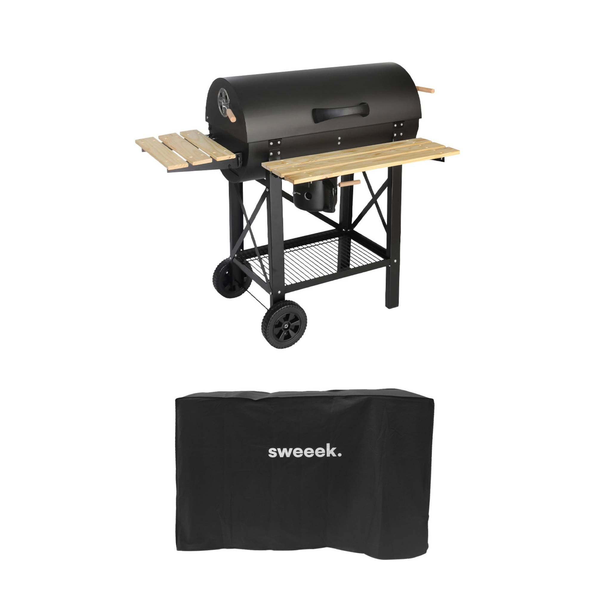 Barbecue charbon de bois, grill et fumoir américain, roues et tablettes rabattables avec housse SERGE AVEC HOUSSE