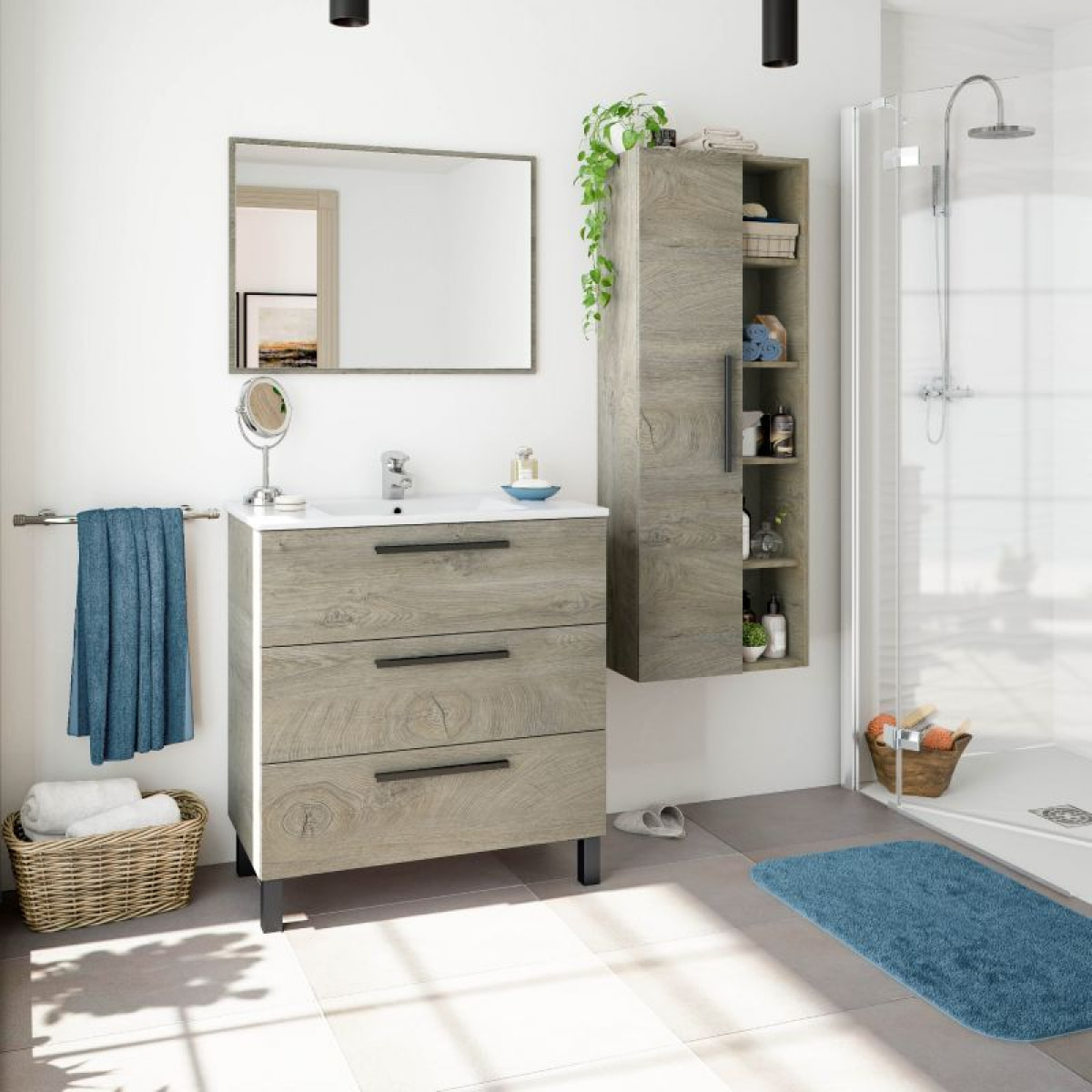 Mueble de baño Athena 80 3 cajones + espejo Roble Alaska