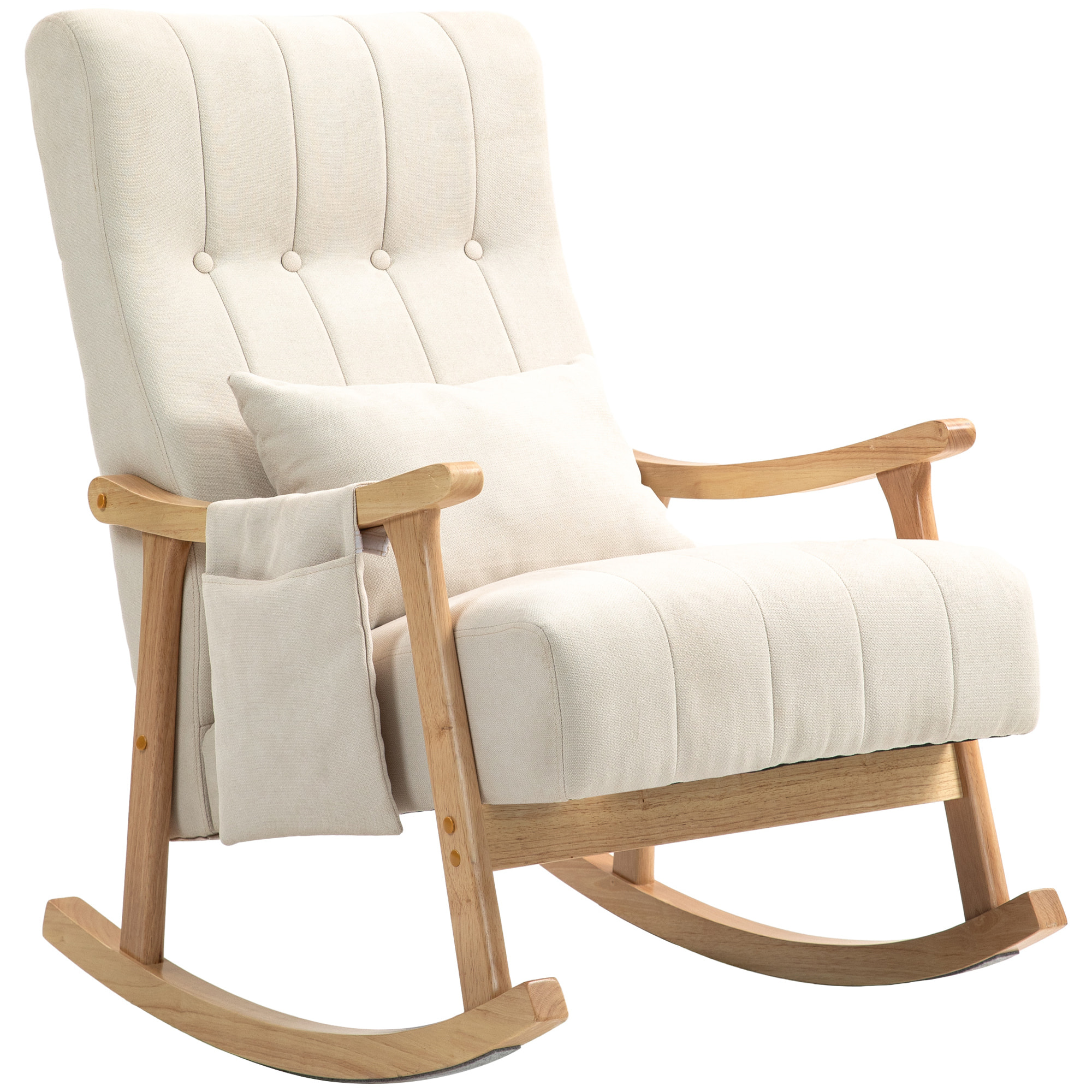 Fauteuil à bascule style Chesterfield bois tissu toucher lin beige