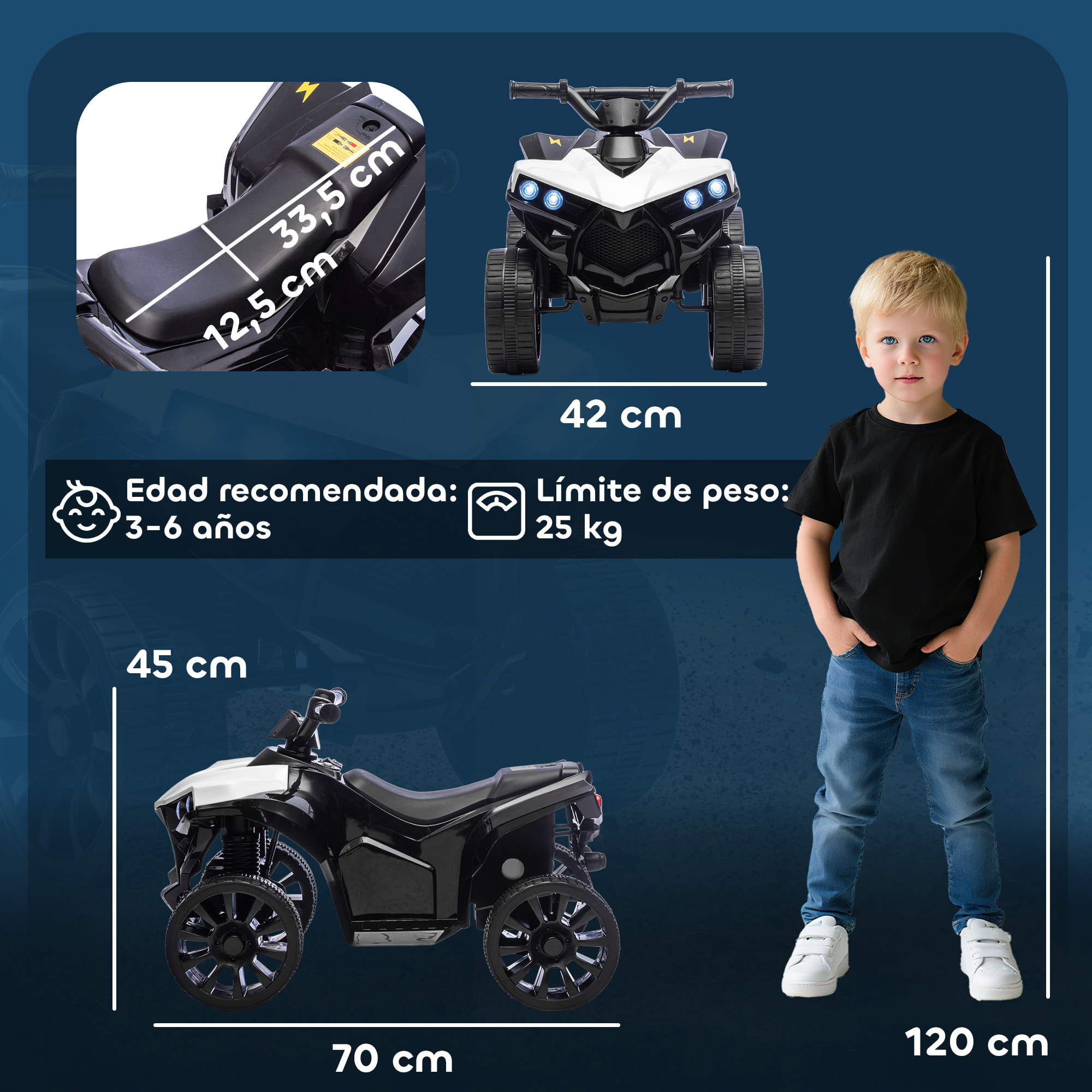 Quad Eléctrico para Niños 6 V, Quad para Niños de 37 a 72 Meses, Velocidad hasta 3â€¯km/h, con Faros y Música, Blanco