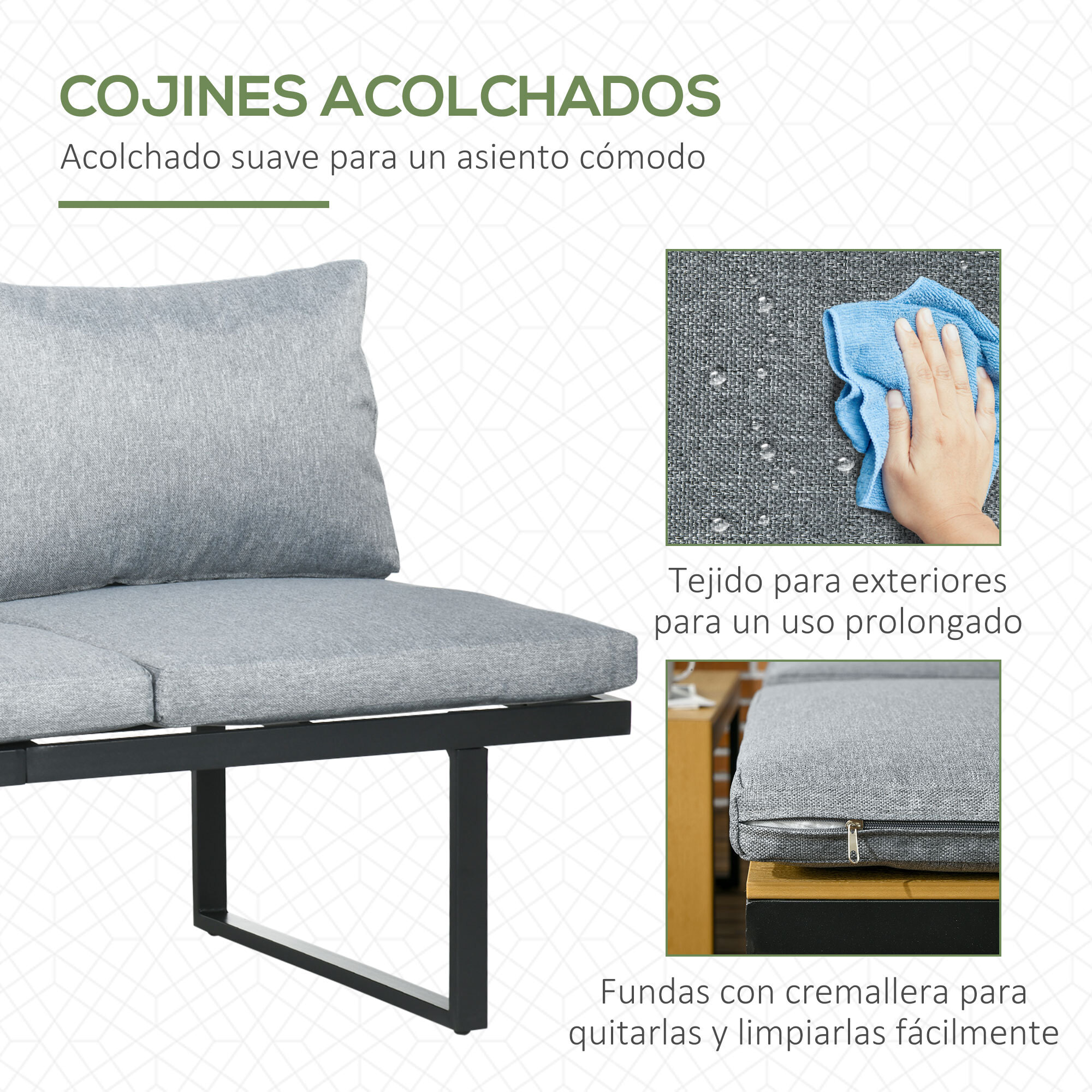 Conjunto de Muebles de Jardín de Aluminio 3 Piezas Juego de Conversación Incluye 2 Sofás Esquineros con Cojines Mesa de Plástico Madera Gris