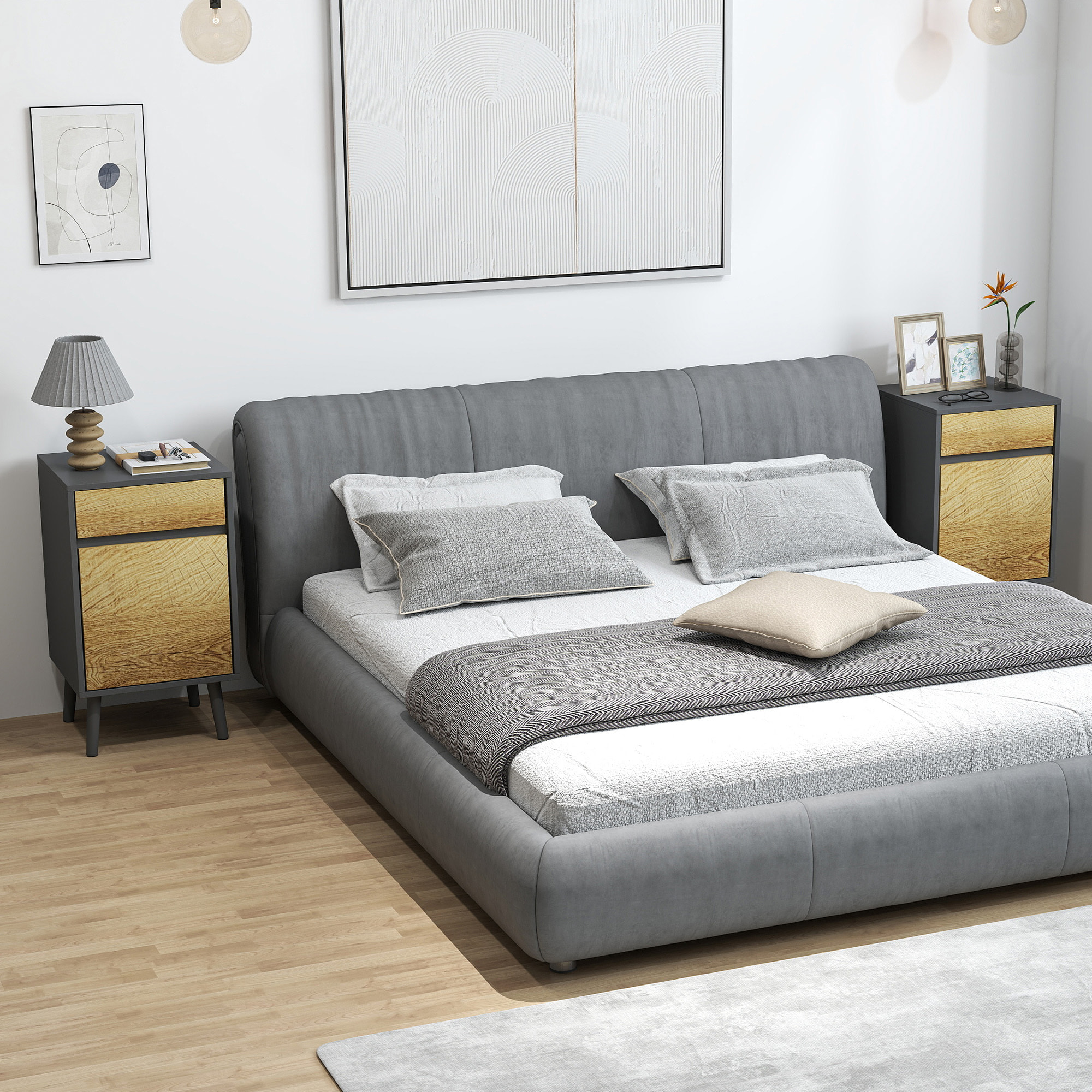 Lot de 2 chevets tables de nuit dim. 40 x 39 x 69 cm - tiroir, porte, étagère - piètement bois effet bois gris