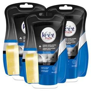 3x Veet For Men Silk & Fresh Crema Depilatoria Sotto la Doccia per Pelli Sensibili - 3 Tubetti da 150ml