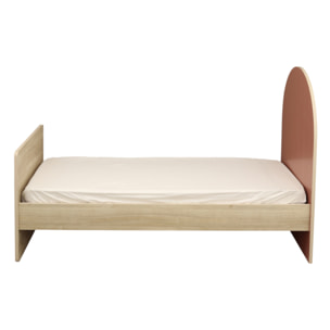 Lit junior 90x190 avec sommier et matelas - décor bois chêne sépia - tête de lit forme arche