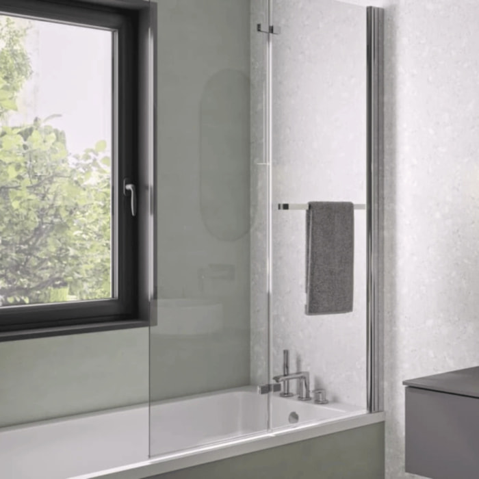 Pare bain relevable et pivotant 110x150cm KINEDO Columba 2 réversible à 2 volets avec porte serviette chromé