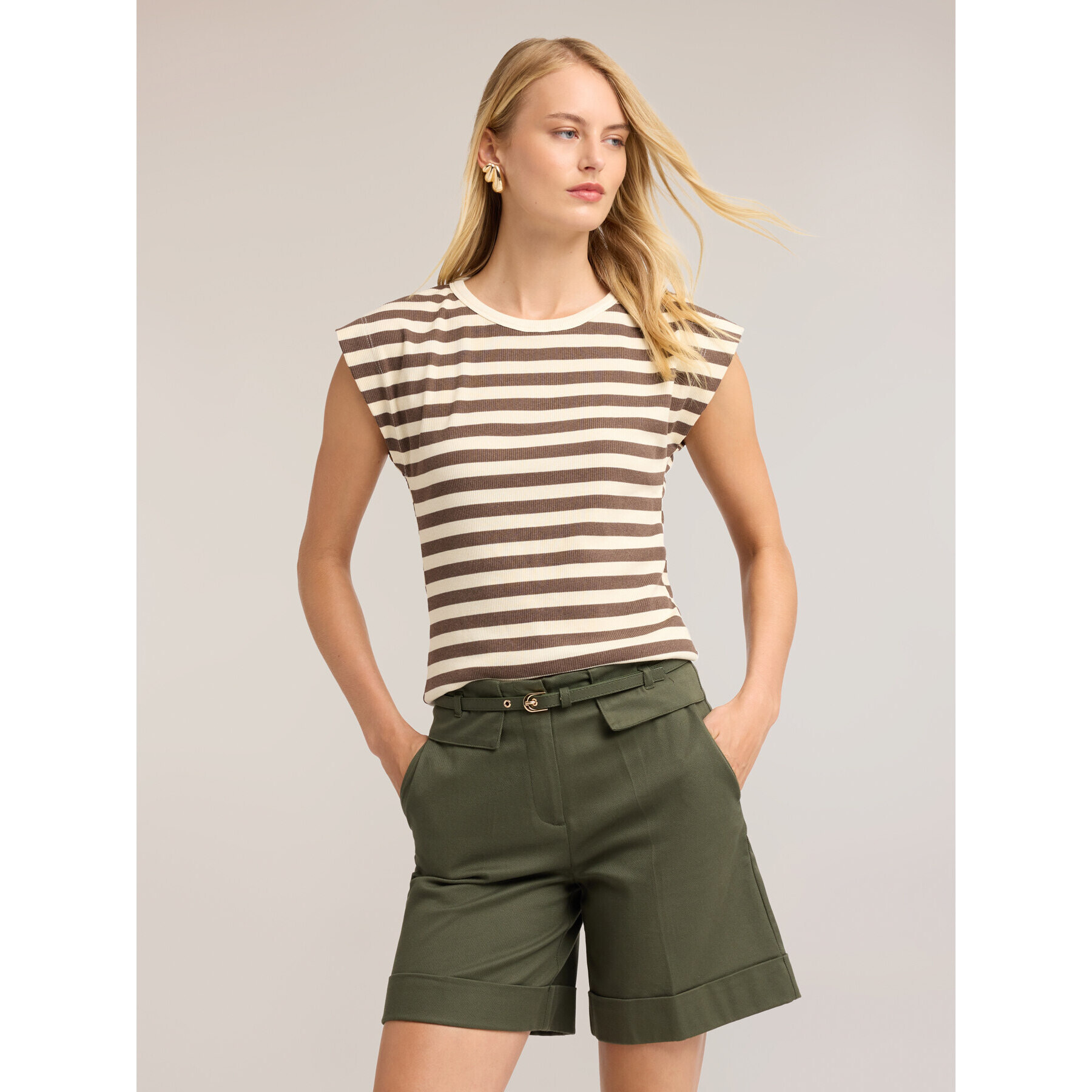 Motivi - T-shirt a righe in jersey a coste - Beige