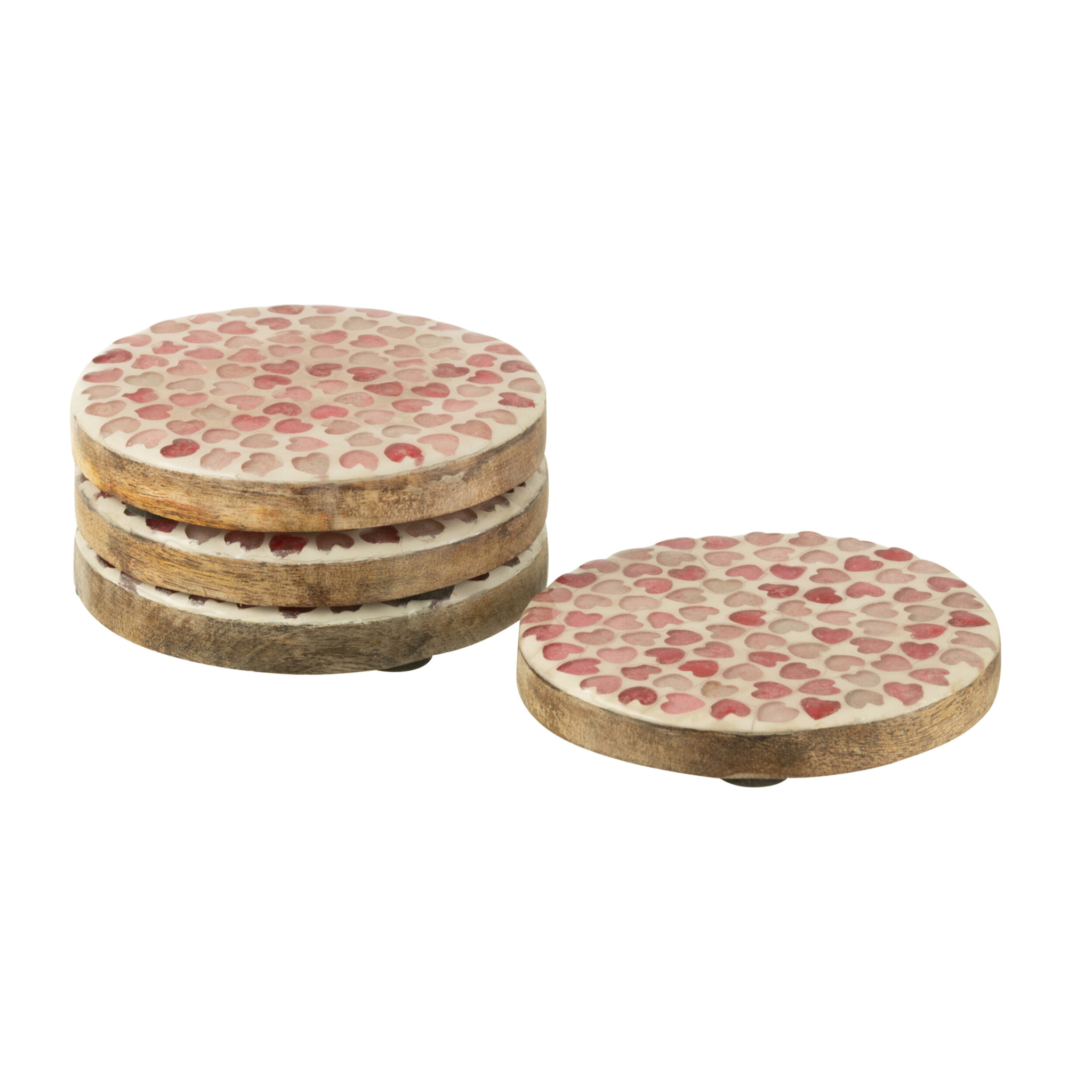 J-Line dessous de verre Coeur Mozaiek - bois - rose - set de 4