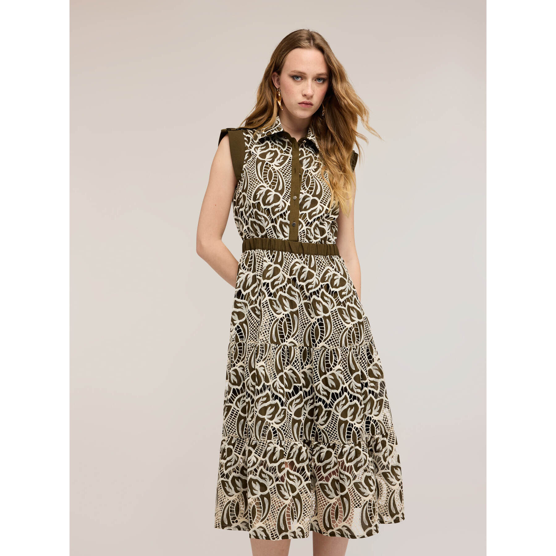 Motivi - Vestido camisero en sangallo - Verde militare