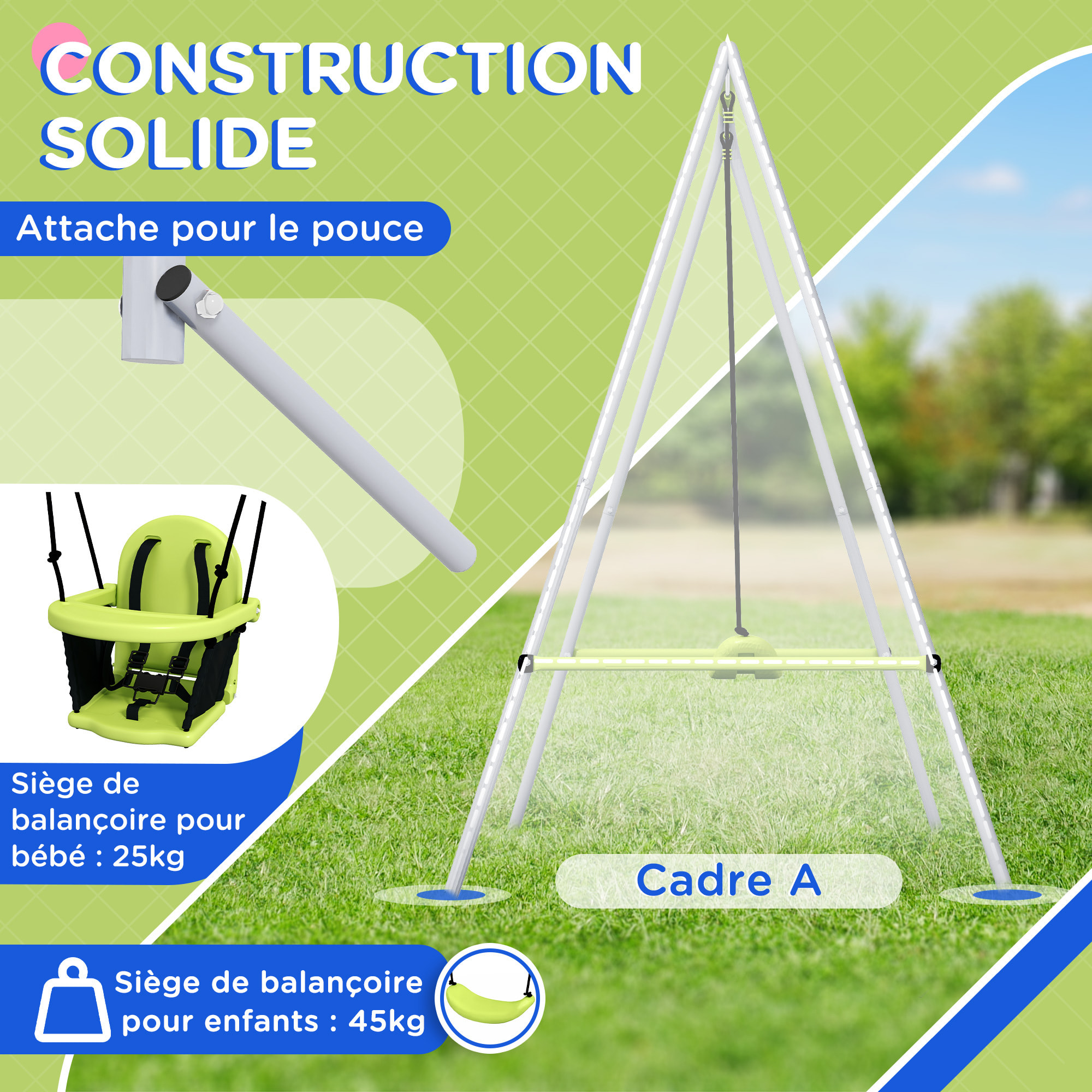 Portique balançoire évolutive - siège haut, accoudoirs, ceinture sécurité 5 points, barre protection - métal époxy gris vert