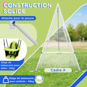 Portique balançoire évolutive - siège haut, accoudoirs, ceinture sécurité 5 points, barre protection - métal époxy gris vert