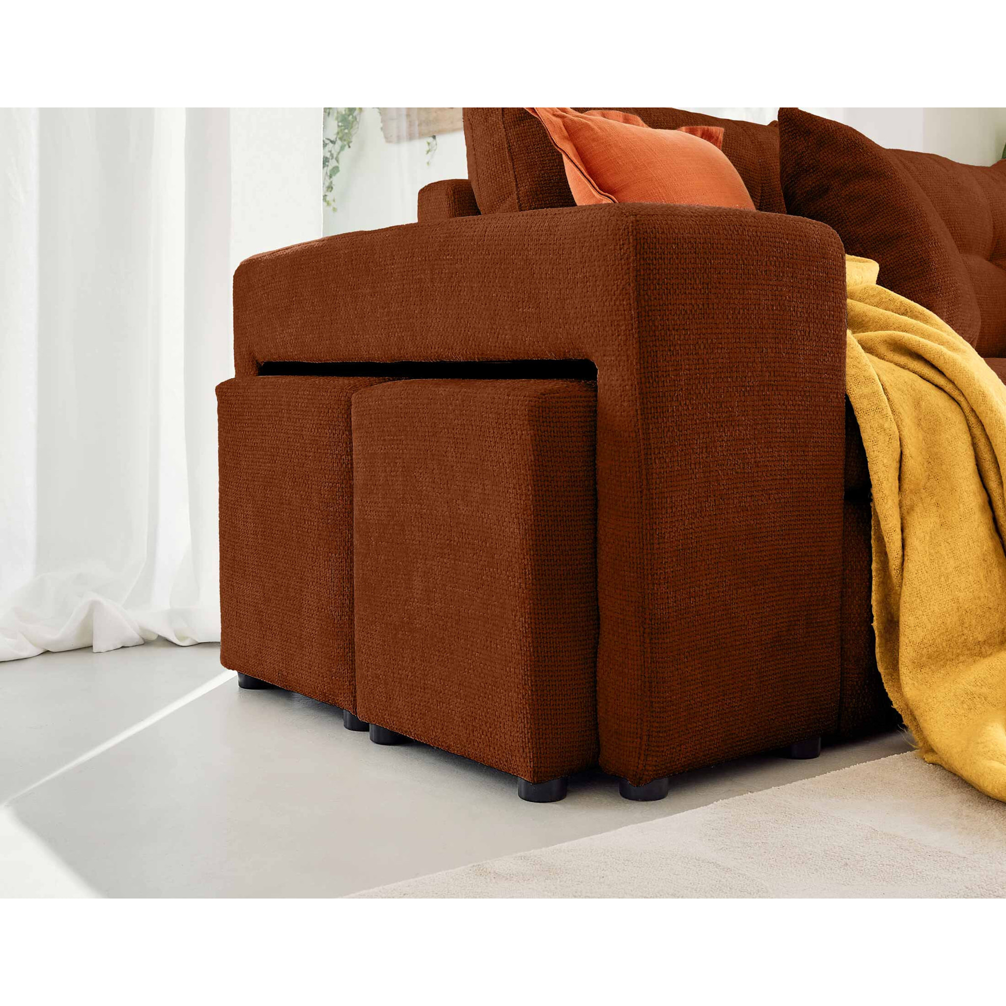 California - canapé d'angle réversible 4 places - convertible avec coffre, étagère et poufs - en velours texturé - Terracotta