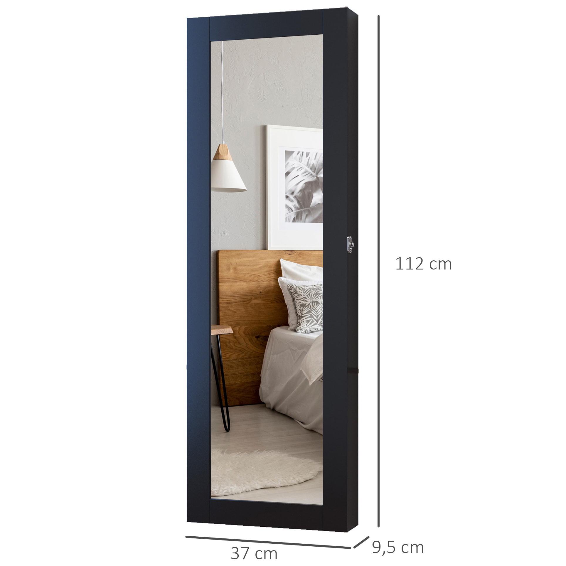 Armoire à bijoux multi-rangements design contemporain mural avec miroir 37L x 10l x 112H cm noire