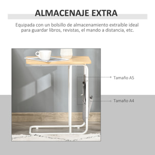 HOMCOM Mesa Auxiliar de Sofá en Forma de C con Bolsa de Almacenaje Extraíble Mesa Lateral para Salón Dormitorio Oficina 37x48x55,8 cm Roble y Blanco