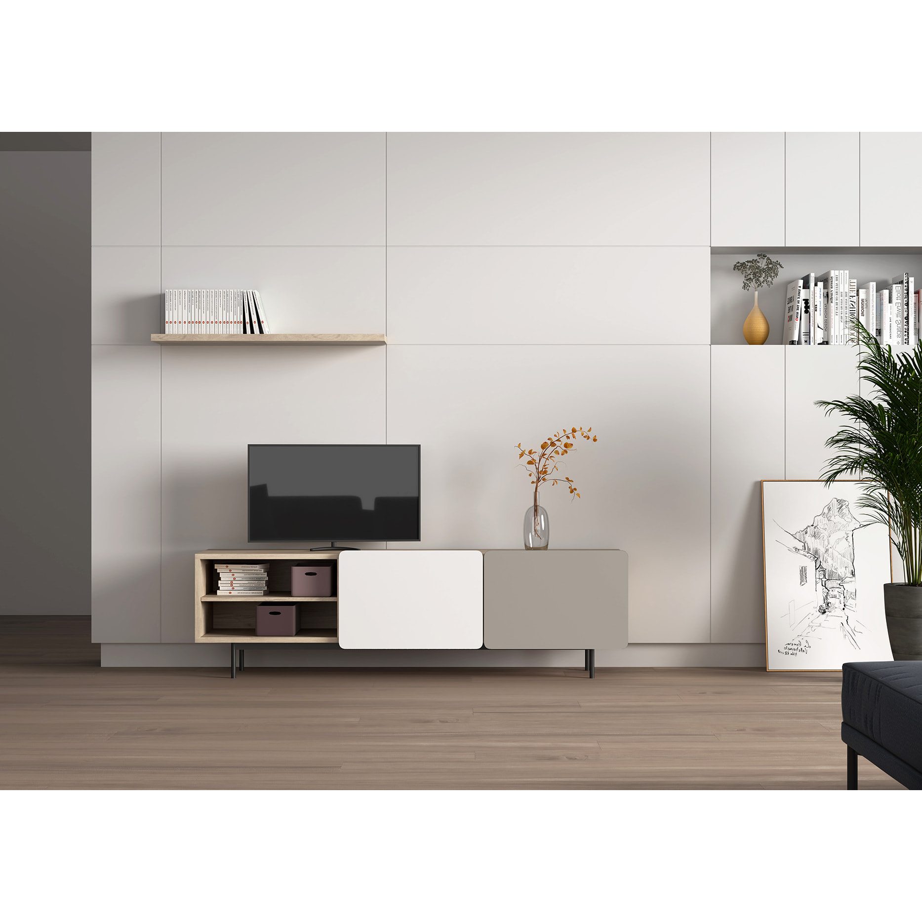 Bajo tv Biscuit roble-arena-blanco 54x180x44 cm