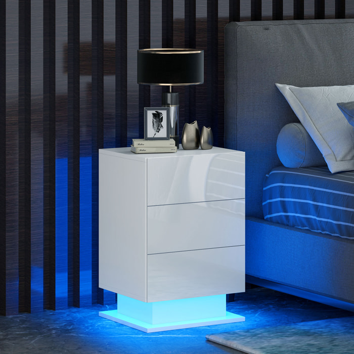 Mesita de Noche con Tira de Luz LED Multicolor Variable Mesa Auxiliar con 3 Cajones Estilo Moderno Mesilla de Noche para Dormitorio Salón 40x35x60 cm Blanco Brillo