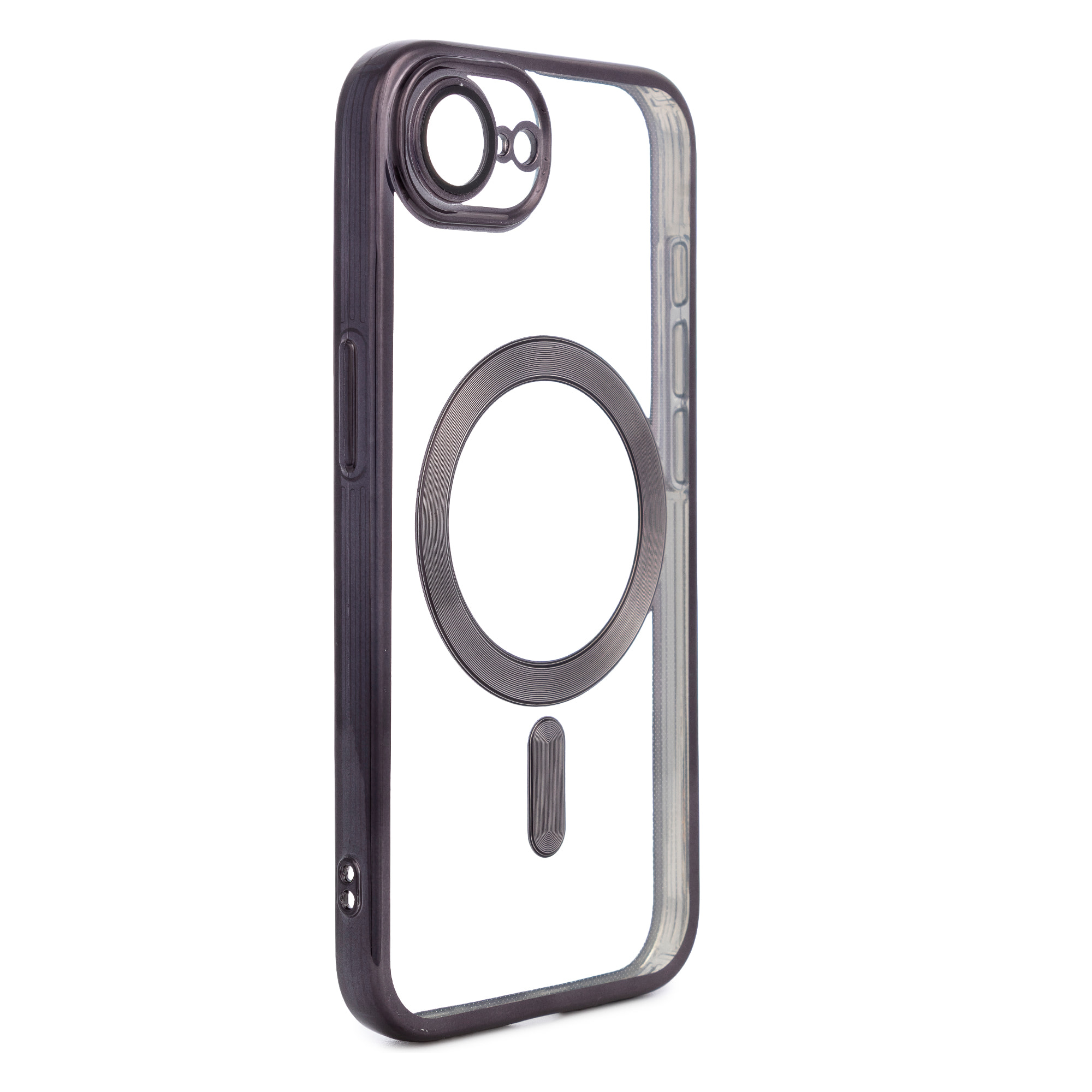 Custodia trasparente con fotocamera coperta, bordi neri, antiurto e anti-impronte. Magsafe per iPhone 16e.