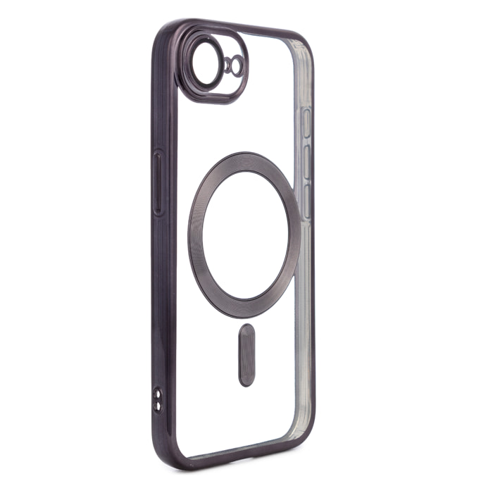 Custodia trasparente con fotocamera coperta, bordi neri, antiurto e anti-impronte. Magsafe per iPhone 16e.