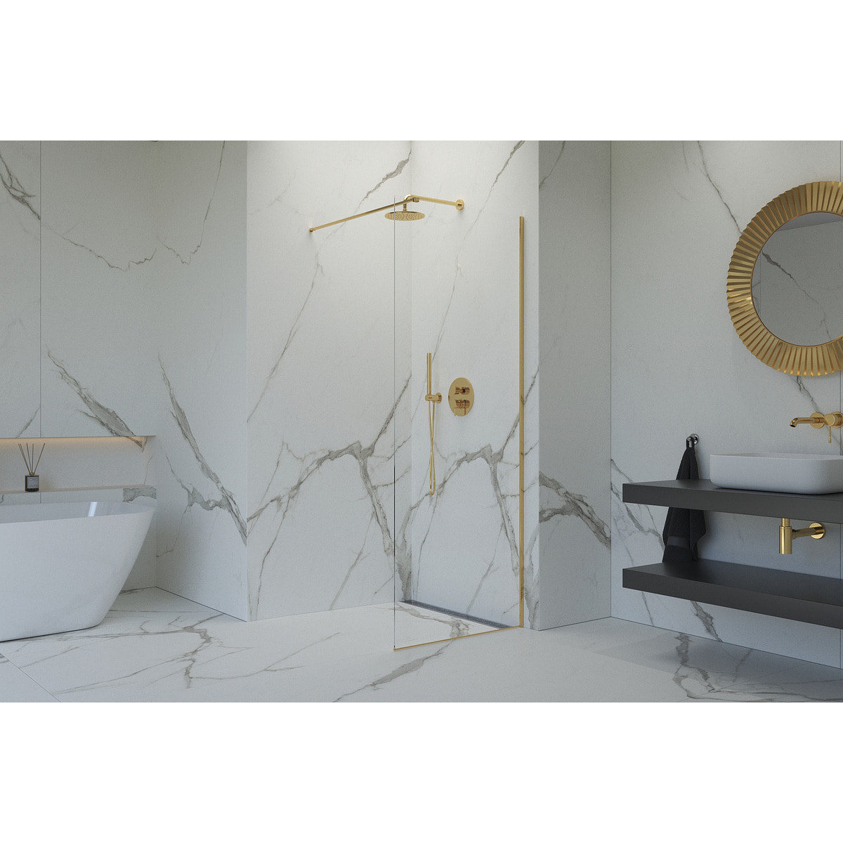 Walk-in 70x200cm Paroi en verre Crystal Glass® 8 mm anticalcaire, avec bras et profilés or (SATBWI70PRZ)