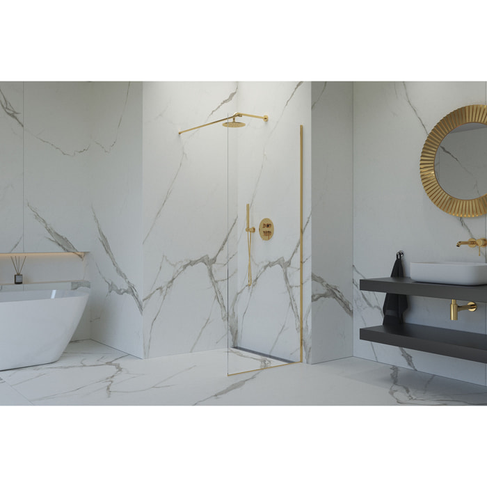 Walk-in 70x200cm Paroi en verre Crystal Glass® 8 mm anticalcaire, avec bras et profilés or (SATBWI70PRZ)