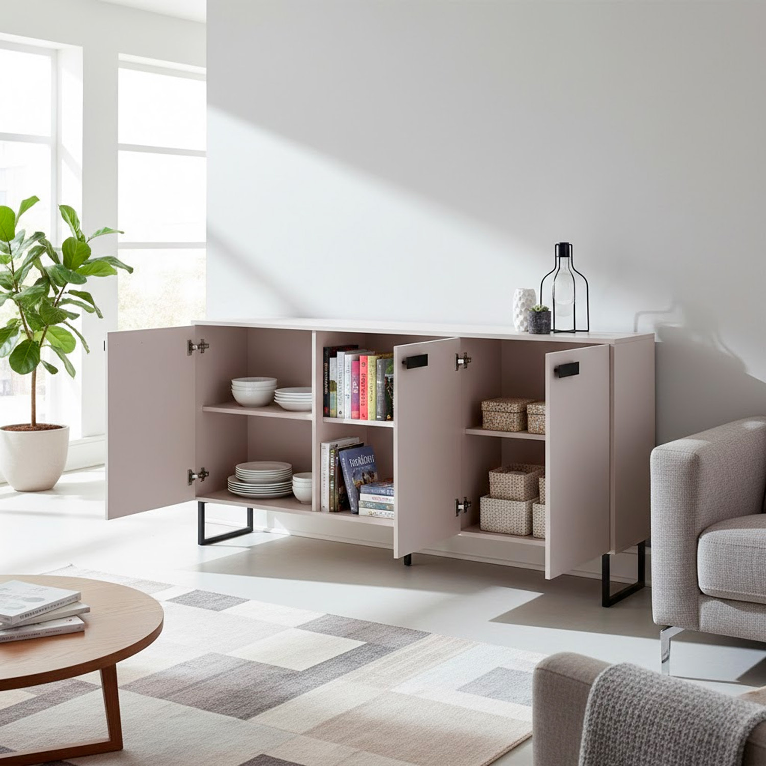 Madia con 3 Ante E Ripiani Interni Mobile Soggiorno Moderno In Melaminico Con Maniglie E Piedini Neri Per Sala da Pranzo 184 x 86 x 40 Cm Cashmere