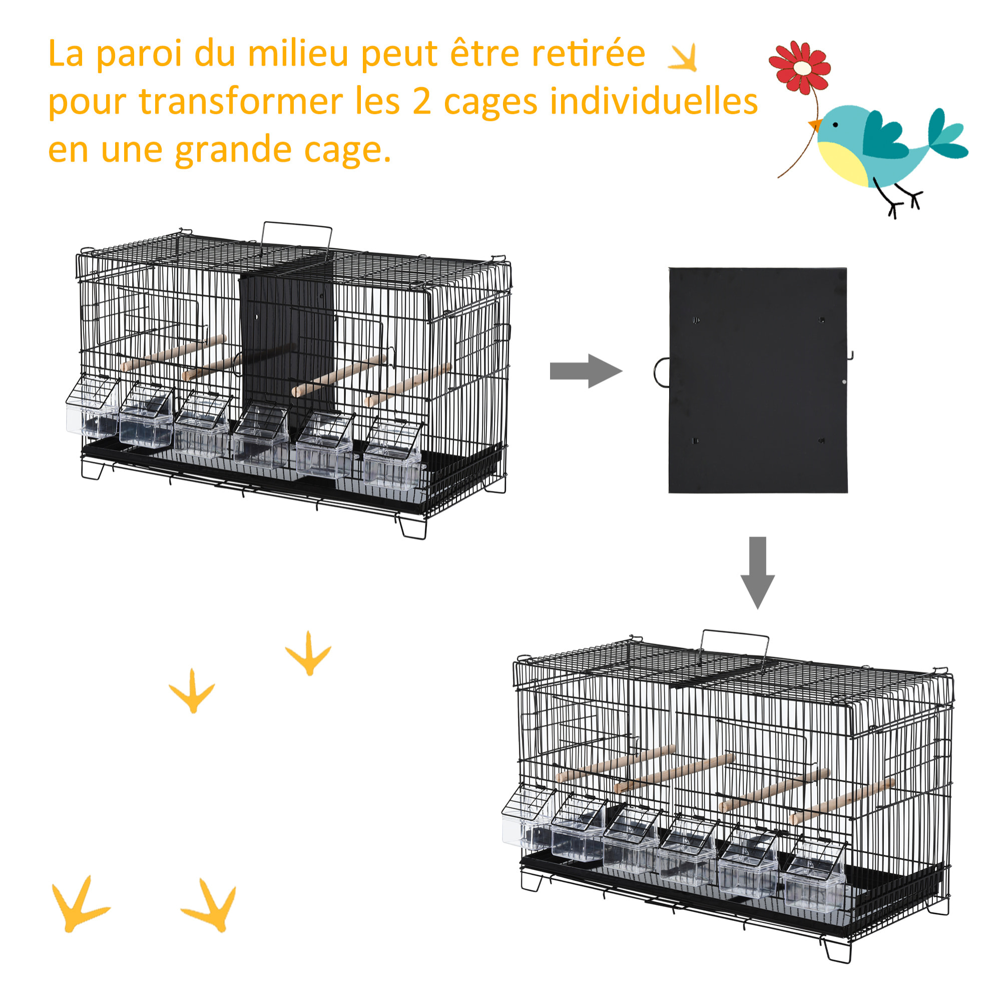 Cage à oiseaux mangeoires perchoirs 4 portes plateau excrément poignée métal PP noir