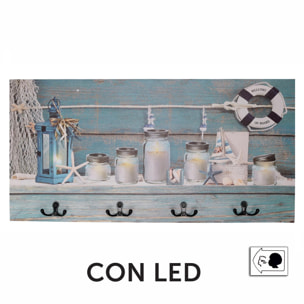 Appendino mare in legno da 8 posti con led, barattoli cm60x30x1,8