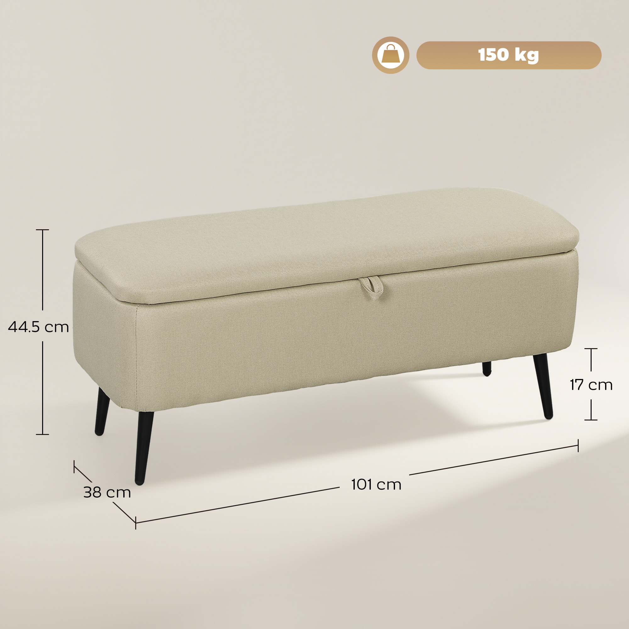 Puff Almacenaje Banco Almacenaje con Tapa Abatible y Patas de Acero Tapizado en Lino para Dormitorio Salón Entrada Carga 150 kg 101x38,5x44,5 cm Beige
