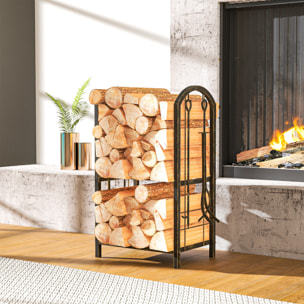 Outsunny Estante de Leña de Metal, Leñero Exterior de 2 Niveles con 4 Herramientas para Chimenea y Ganchos, Soporte para Leña de Chimenea para Interior y Exterior, Carga 100 kg, 43x30x74 cm, Marrón
