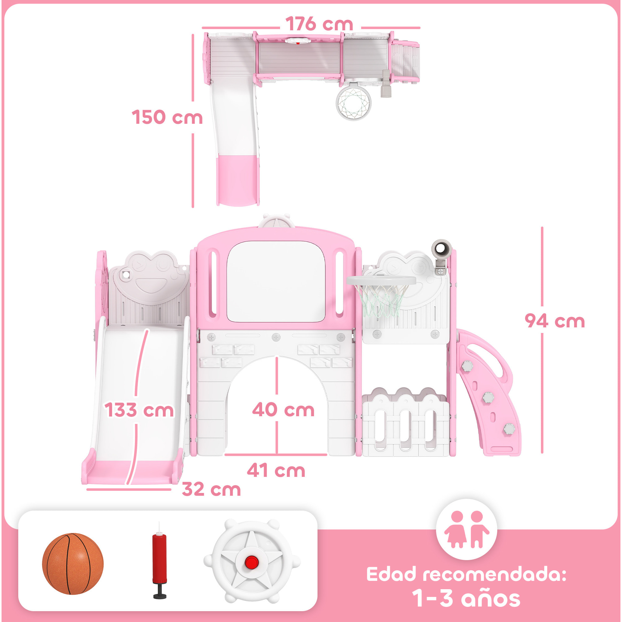 Tobogán Infantil 7 en 1, Tobogán para Niños de 1-3 Años, Temática de Rana, con Aro de Baloncesto, Túnel, Pizarra, Telescopio de Juguete, Escalador y Cajas, para Interior y Exterior, Rosa