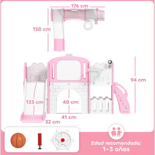 Tobogán Infantil 7 en 1, Tobogán para Niños de 1-3 Años, Temática de Rana, con Aro de Baloncesto, Túnel, Pizarra, Telescopio de Juguete, Escalador y Cajas, para Interior y Exterior, Rosa