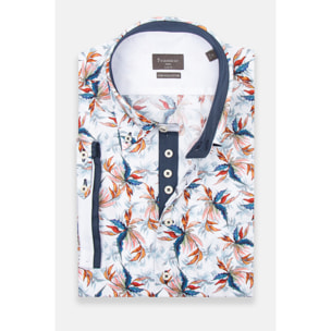 Camicia Uomo Manica Corta 2 Bottoni Button Down 7 Botto Popeline Stretch Stampato Bianco\Blu Inchiostro