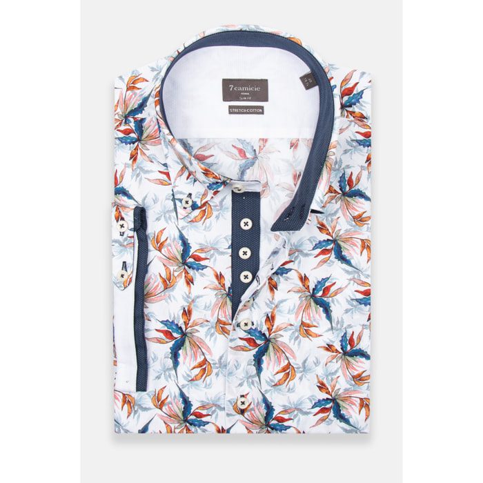Camicia Uomo Manica Corta 2 Bottoni Button Down 7 Botto Popeline Stretch Stampato Bianco\Blu Inchiostro