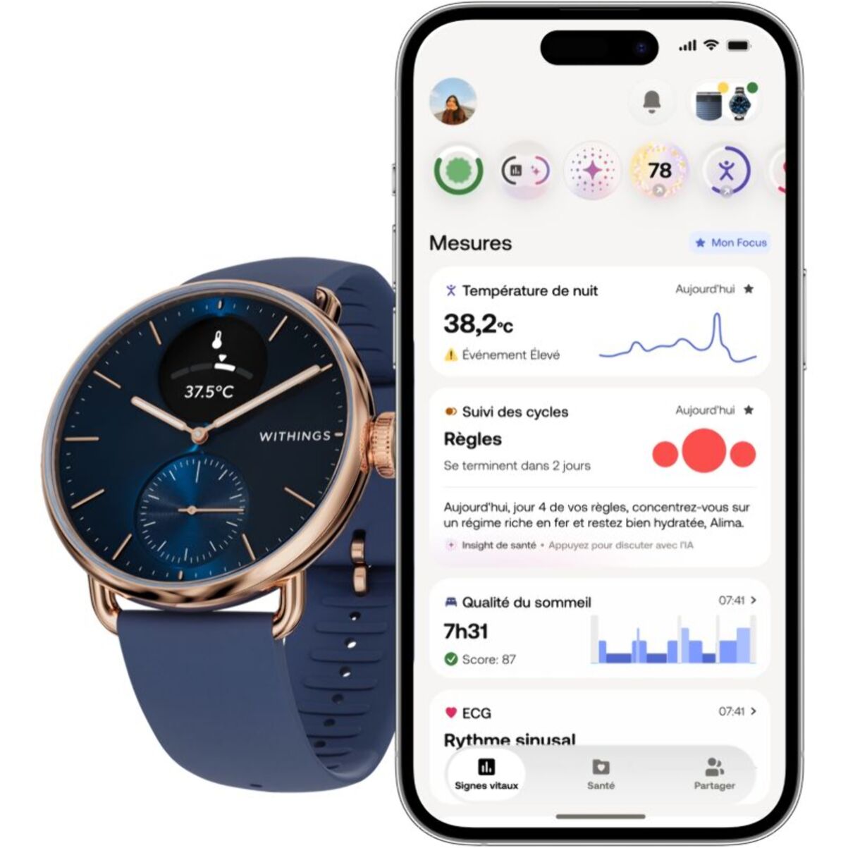 Montre santé WITHINGS Scanwatch 2 38mm Rose Gold Bleue