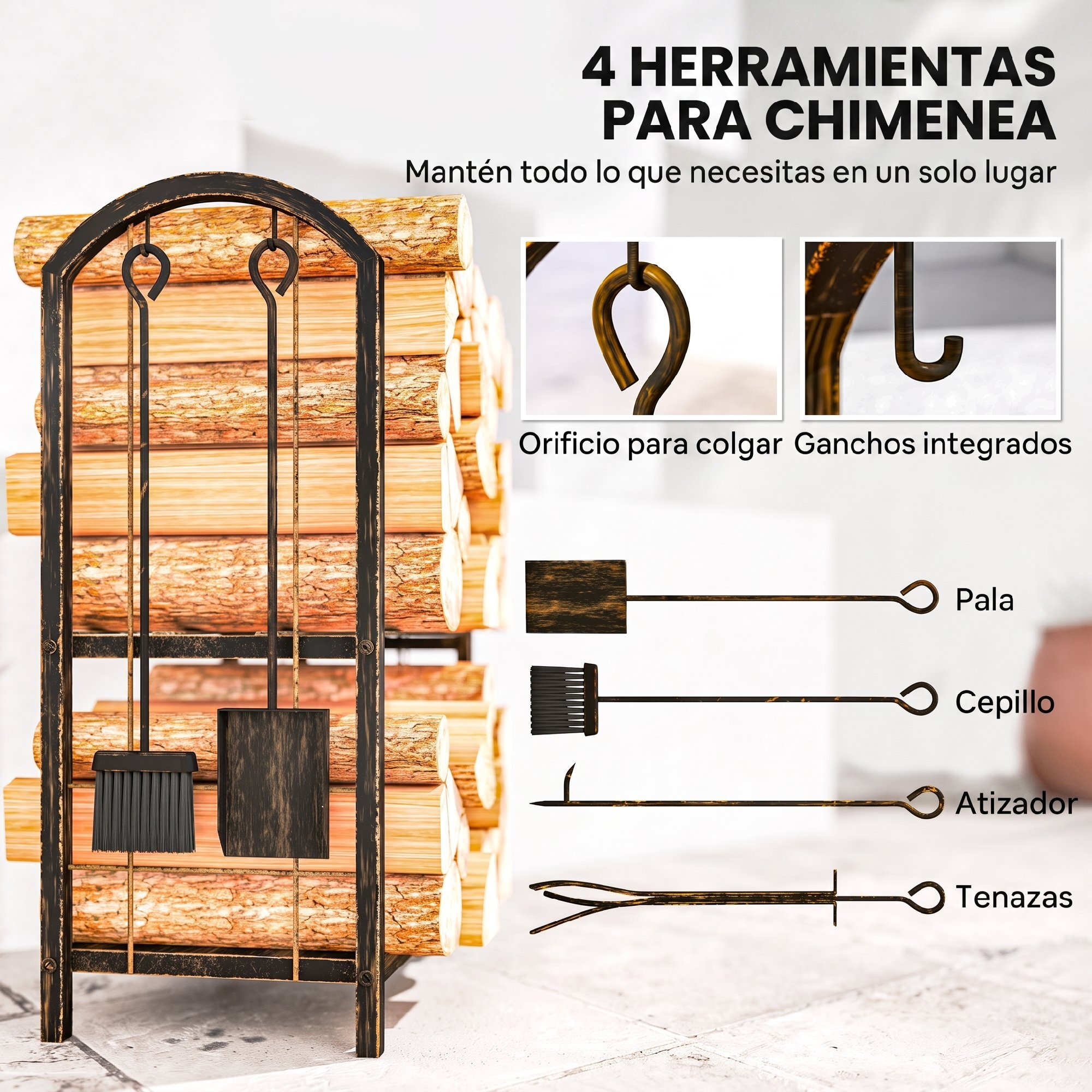 Outsunny Estante de Leña de Metal, Leñero Exterior de 2 Niveles con 4 Herramientas para Chimenea y Ganchos, Soporte para Leña de Chimenea para Interior y Exterior, Carga 100 kg, 43x30x74 cm, Marrón