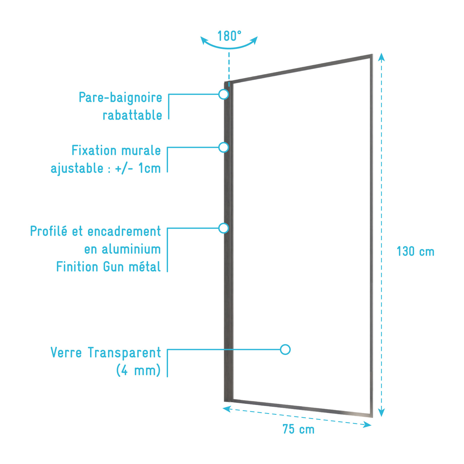 Pare Baignoire Rabattable 75x130 cm - Aluminium Gun Metal et Verre Trempé 4 mm