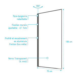 Pare Baignoire Rabattable 75x130 cm - Aluminium Gun Metal et Verre Trempé 4 mm